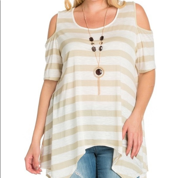 love J Tops - Curvy Peach and White Cold Shoulder Tunic